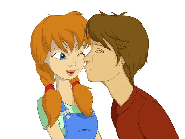 Adolescente ragazzo cercando di baciare ragazza rossa — Vettoriale Stock