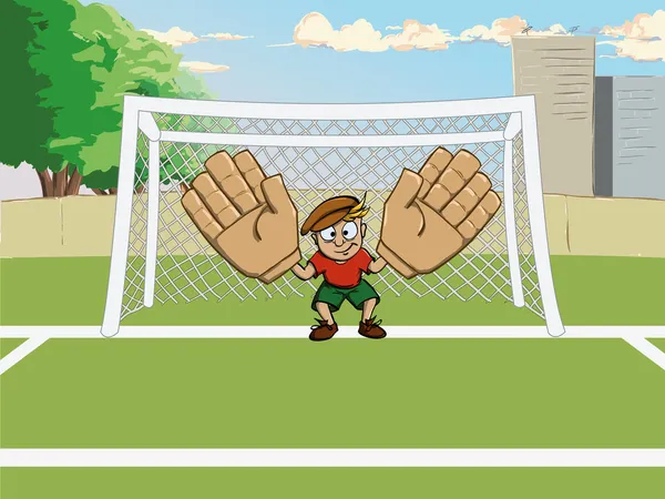 Cartoon soccer goalkeeper on gate — Stock Vector
