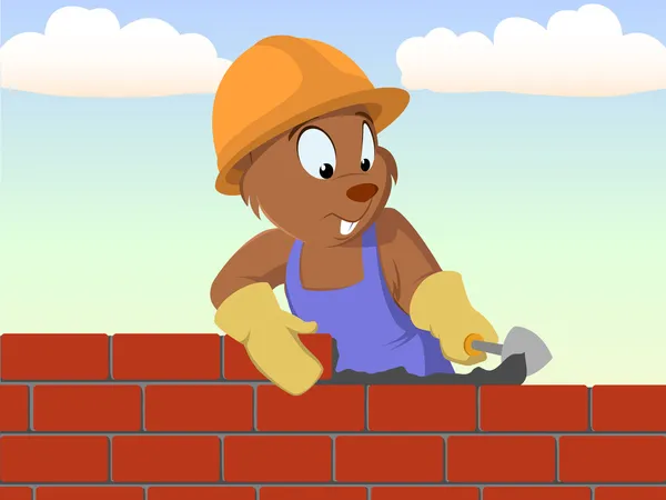Beaver bricklayer build the brick wall — Stock Vector