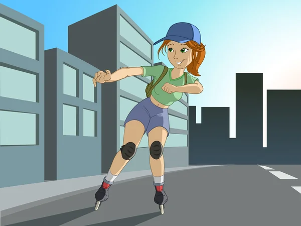 Dívka jízda na kolečkových bruslích na ranní prázdné město — Stockový vektor