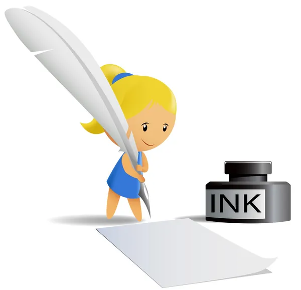 Cartoon chibi meisje schrijven door veer pen. — Stockvector