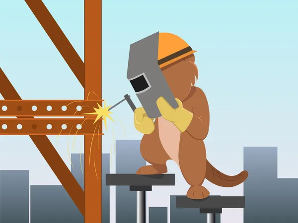 Cartoon beaver in mask welding structure — Stock Vector