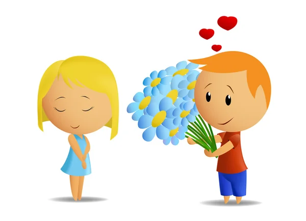 Kartun anak laki-laki menyajikan bunga untuk gadis - Stok Vektor