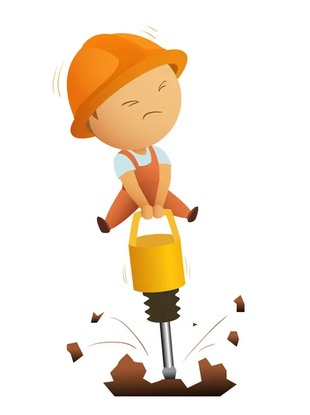 Kleine Männer arbeiten mit großem Presslufthammer — Stockvektor