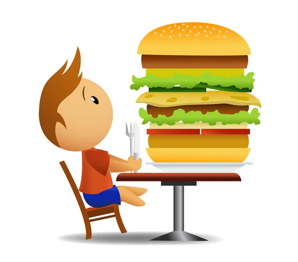 Men going to eat very big hamburger — Stock Vector