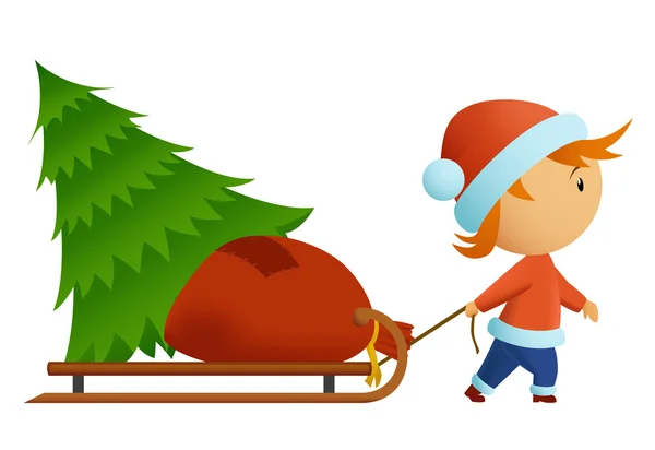Μικρά ανθρωπάκια με καπέλο Χριστούγεννα φέρουν δέντρο — Διανυσματικό Αρχείο