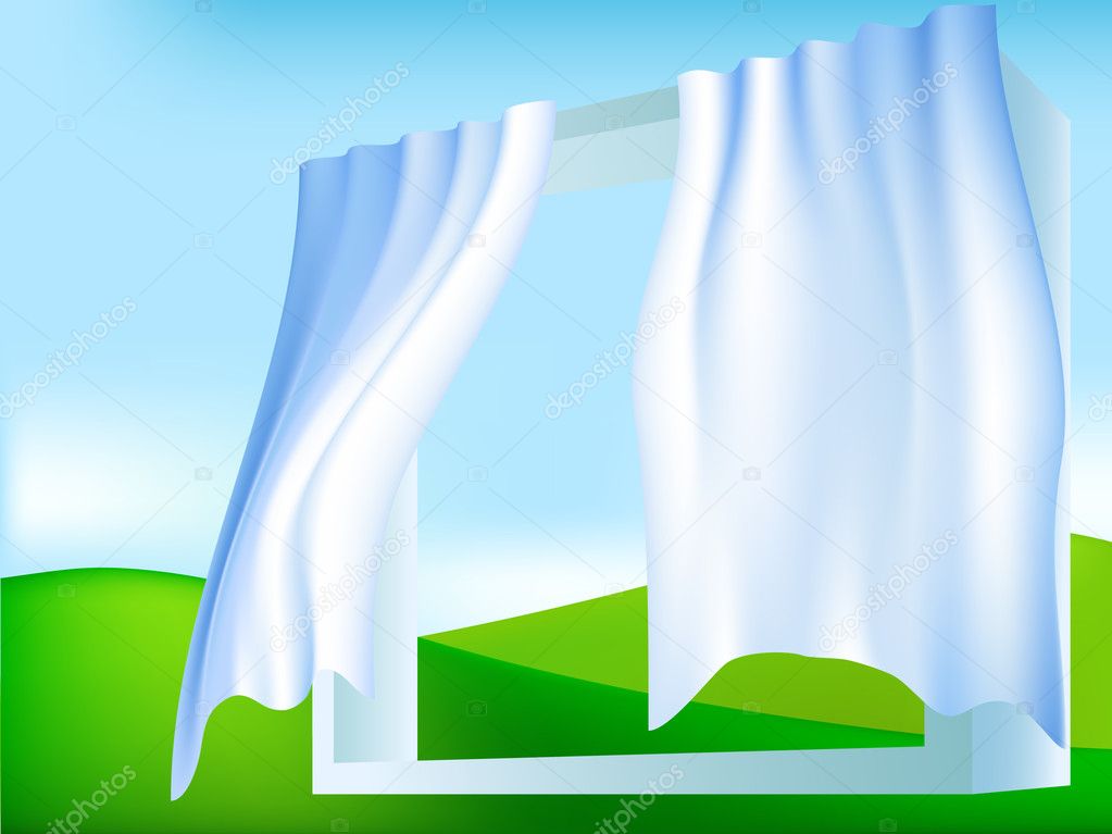 Abstract frame window with white blue curtains