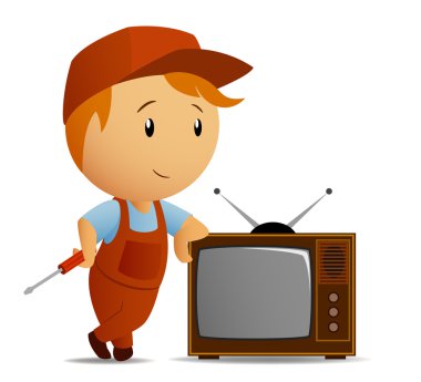 Technician with srewdriver who staying rest at tvset clipart