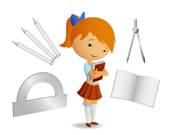 Cute shoolgirl with book and tools — Stock Vector
