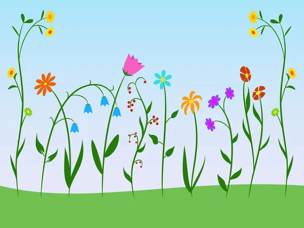 Set med prydnad blommor på gräs — Stock vektor