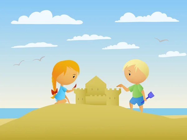 Jongen en meisje maken een zandkasteel — Stockvector