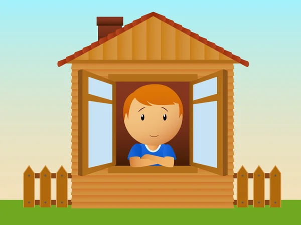 Хлопчик в дерев'яному будинку — стоковий вектор