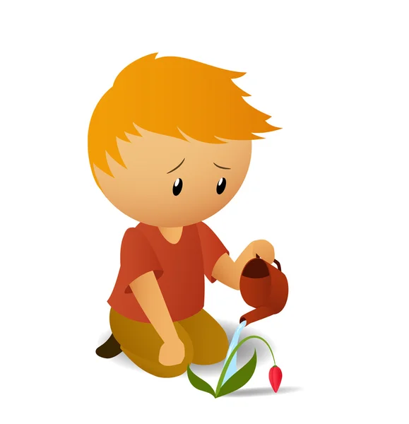 Boy in red shirt who water flower in the wind — Stock Vector