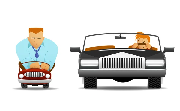 Großes und kleines Auto mit unterschiedlich großen lustigen Fahrern. — Stockvektor