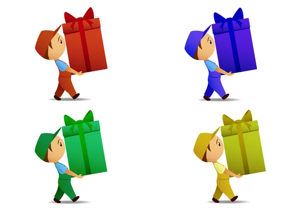 Conjunto de menino entrega andando com caixa de presente em várias cores . — Vetor de Stock