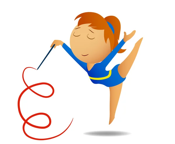 Kız jimnastikçi kırmızı kurdele ile bir egzersiz yapmak. — Stok Vektör