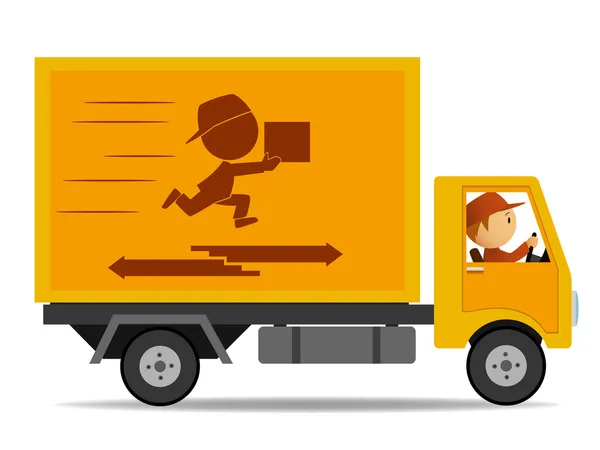 Track delivery with driver and logo on board. — Stock Vector