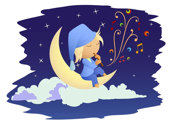 Fairy jongen zittend op de maan muziek afspelen. — Stockvector