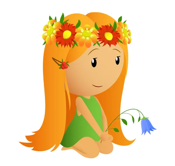Aranyos kislány, virág koszorú, és a kezét a csengő — Stock Vector