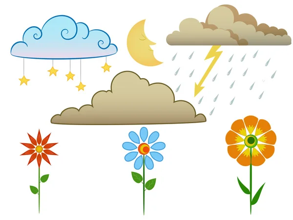 Conjunto de elementos de diseño nubes y flores, luna y lluvia — Vector de stock