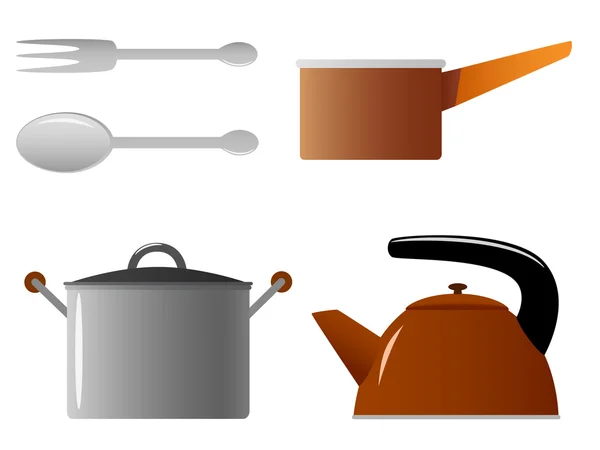 Uppsättning av köksredskap sked gaffel gryta vattenkokare och dipper — Stock vektor