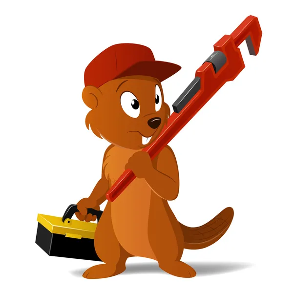Cartoon beaver loodgieter met moersleutel en tool box. — Stockvector