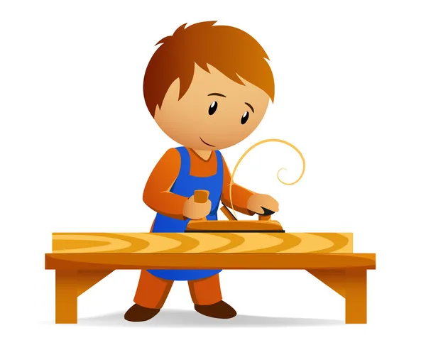 Caricature charpentier en tablier bleu râpe la planche en bois — Image vectorielle