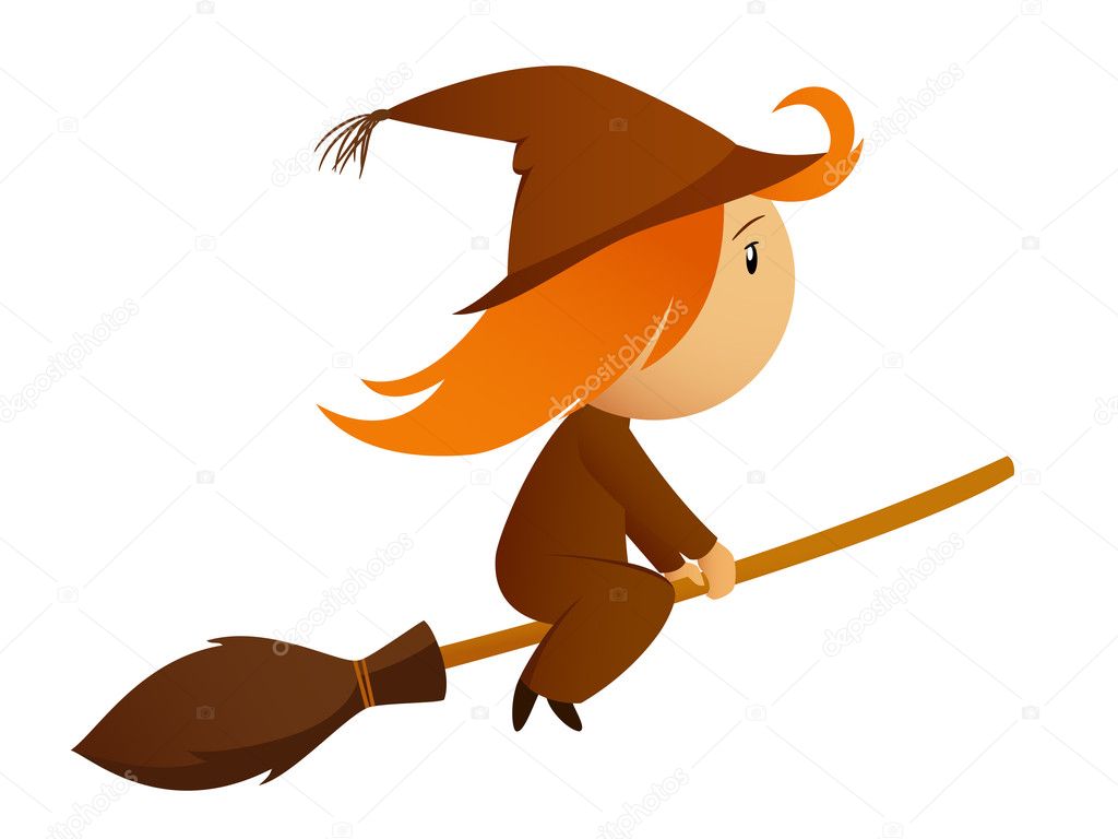 Flying halloween cartoon witch on the broom