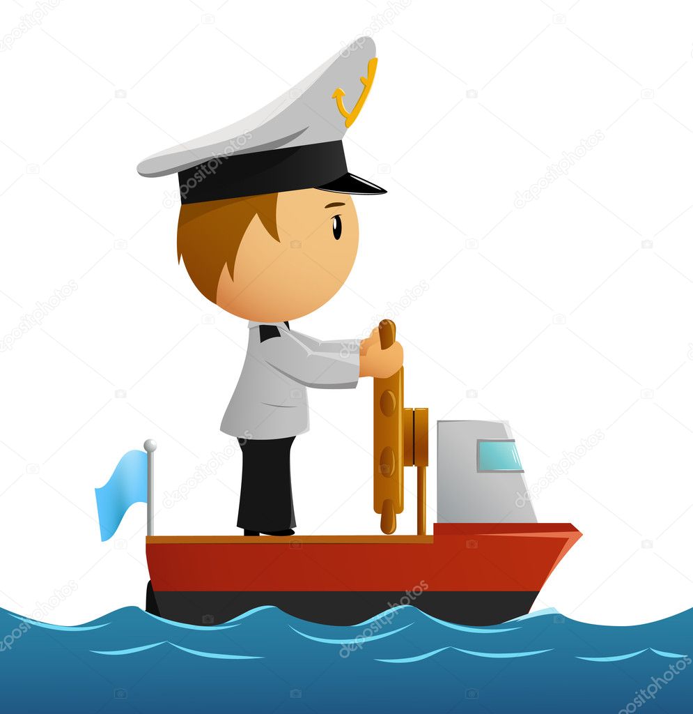 Cartoon captain sailor in uniform on the ship.