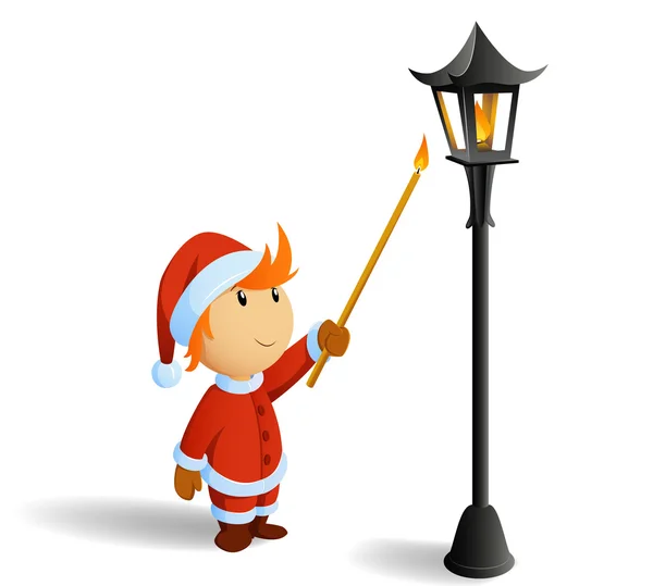 Weinig santa in het rood kleden firestarting lantaarnpaal. — Stockvector