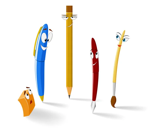 Verzameling van grappige cartoon tekens pennen en potlood. — Stockvector