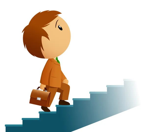 Male businessman in brown suit with briefcase climb stairs — Stock Vector