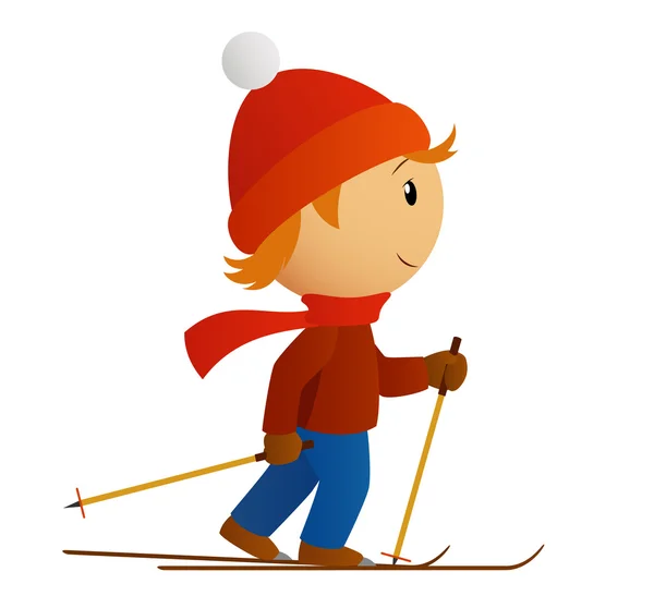 Pequeño esquiador con sombrero rojo — Vector de stock