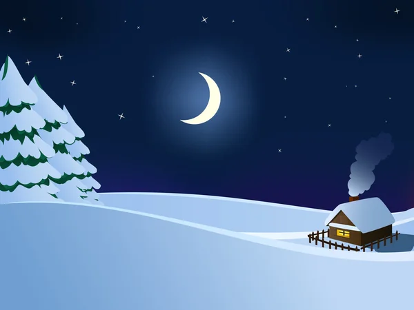 크리스마스 겨울 밤에에서 작은 오두막 목조 주택 — 스톡 벡터