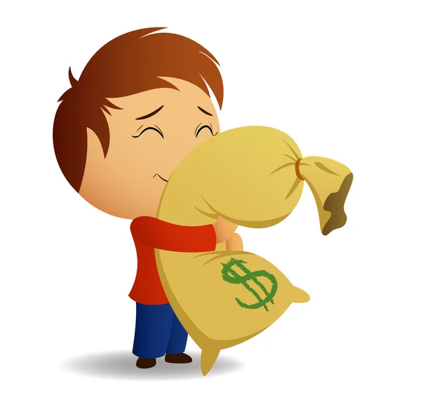 Hombres con camisa roja abrazan la bolsa con dinero . — Vector de stock