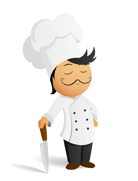 Γελοιογραφία σεφ μάγειρας σε λευκό καπέλο με μαχαίρι — Διανυσματικό Αρχείο
