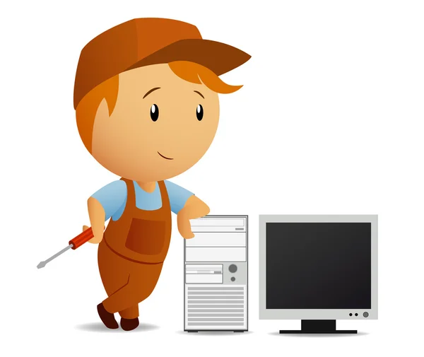 Cartoon serviceman com computador — Vetor de Stock