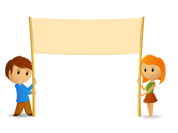 Desenhos animados menino e menina com cartaz em branco — Vetor de Stock