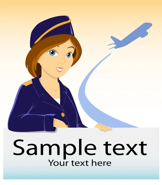 Stewardess met billboard en vliegtuig silhouet — Stockvector