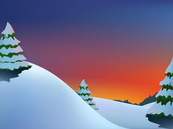 Pemandangan bukit musim dingin dengan pohon cemara dan matahari terbit merah - Stok Vektor
