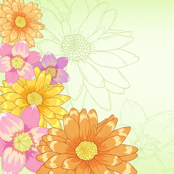 緑の背景に描かれた花を手します。 — ストックベクタ