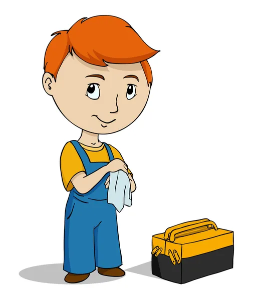 Cartoon reparatör med verktygslådan handtvättning — Stock vektor