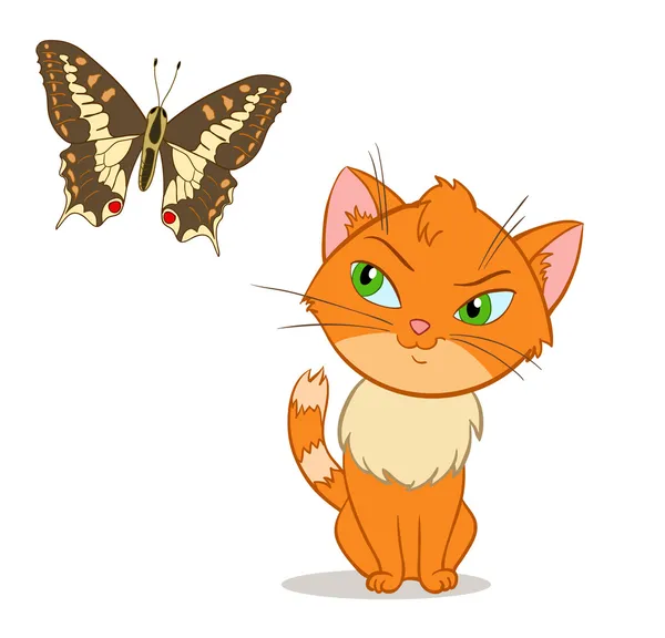 Pequeño gatito de dibujos animados con mariposa de belleza — Archivo Imágenes Vectoriales