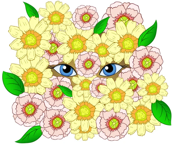 Beauty cartoon eyes looking throw flowers — Stock Vector