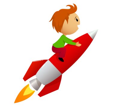 Boy riding red rocket clipart