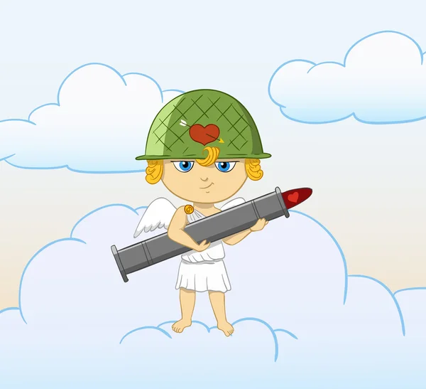 Cartoon funny cupid with armed valentine bazooka — Stock Vector