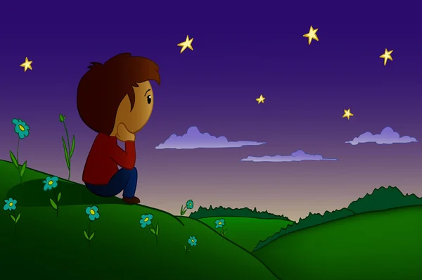 Les hommes vecteurs de dessins animés reposés dans le champ de nuit et les collines — Image vectorielle