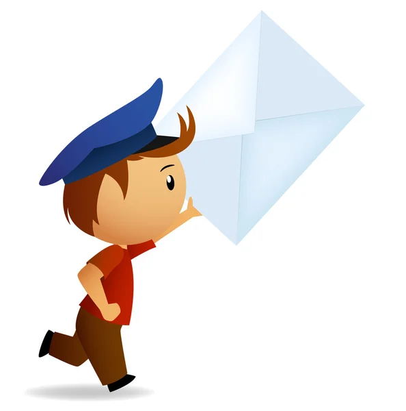 Cartoon running postman with letter in hand — Stock Vector