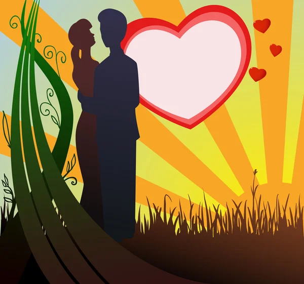 Homme et femme silhouette en amour sur fond de coeur — Image vectorielle