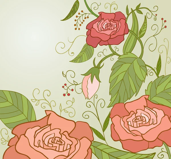 緑の葉とピンクのバラは甘い inretro スタイル — ストックベクタ
